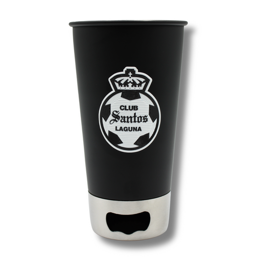 VASO NEGRO CON DESTAPADOR ESCUDO CLUB SANTOS LAGUNA MONOCROMATICO