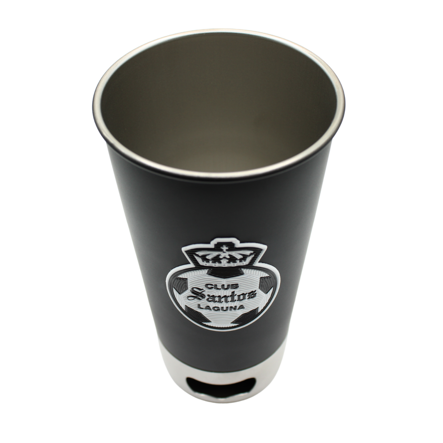 VASO NEGRO CON DESTAPADOR ESCUDO CLUB SANTOS LAGUNA MONOCROMATICO