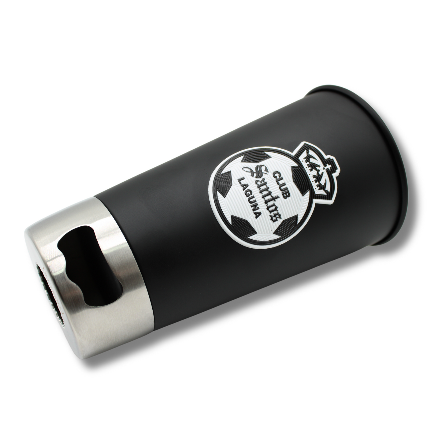 VASO NEGRO CON DESTAPADOR ESCUDO CLUB SANTOS LAGUNA MONOCROMATICO