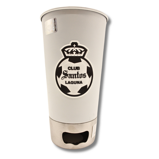 VASO BLANCO CON DESTAPADOR Y ESCUDO MONOCROMATICO CLUB SANTOS LAGUNA