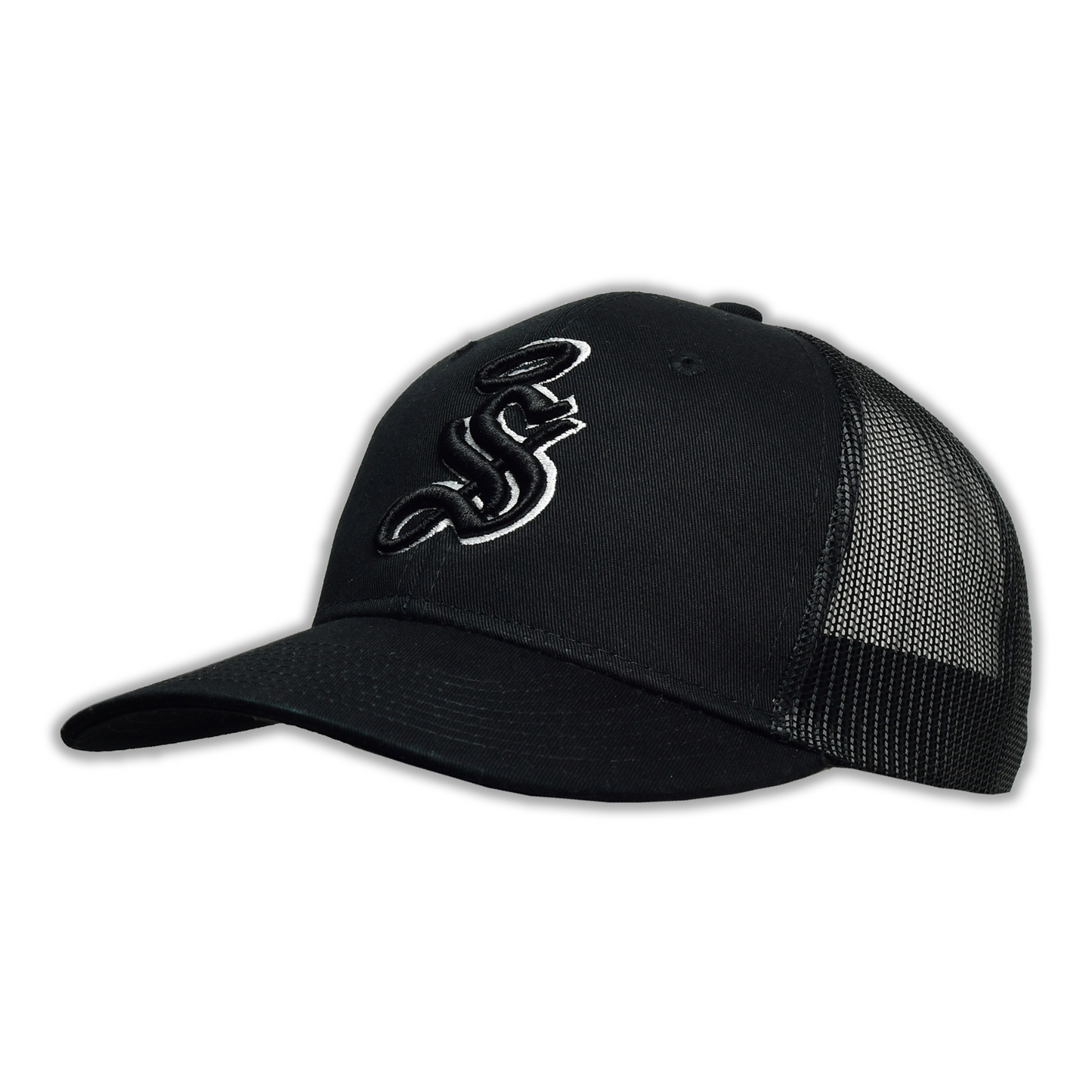 GORRA MALLA SANTOS "S" EN COLOR NEGRO CON BLANCO
