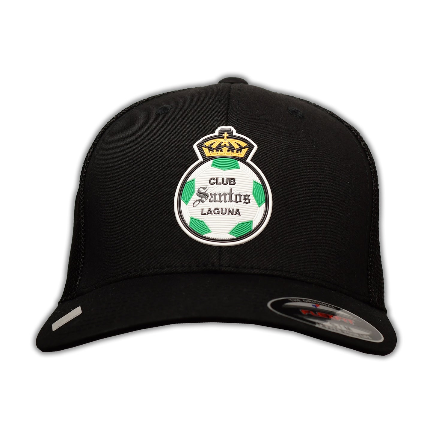 GORRA NEGRA FLEXFIT ESCUDO SANTOS Y S EN MALLA