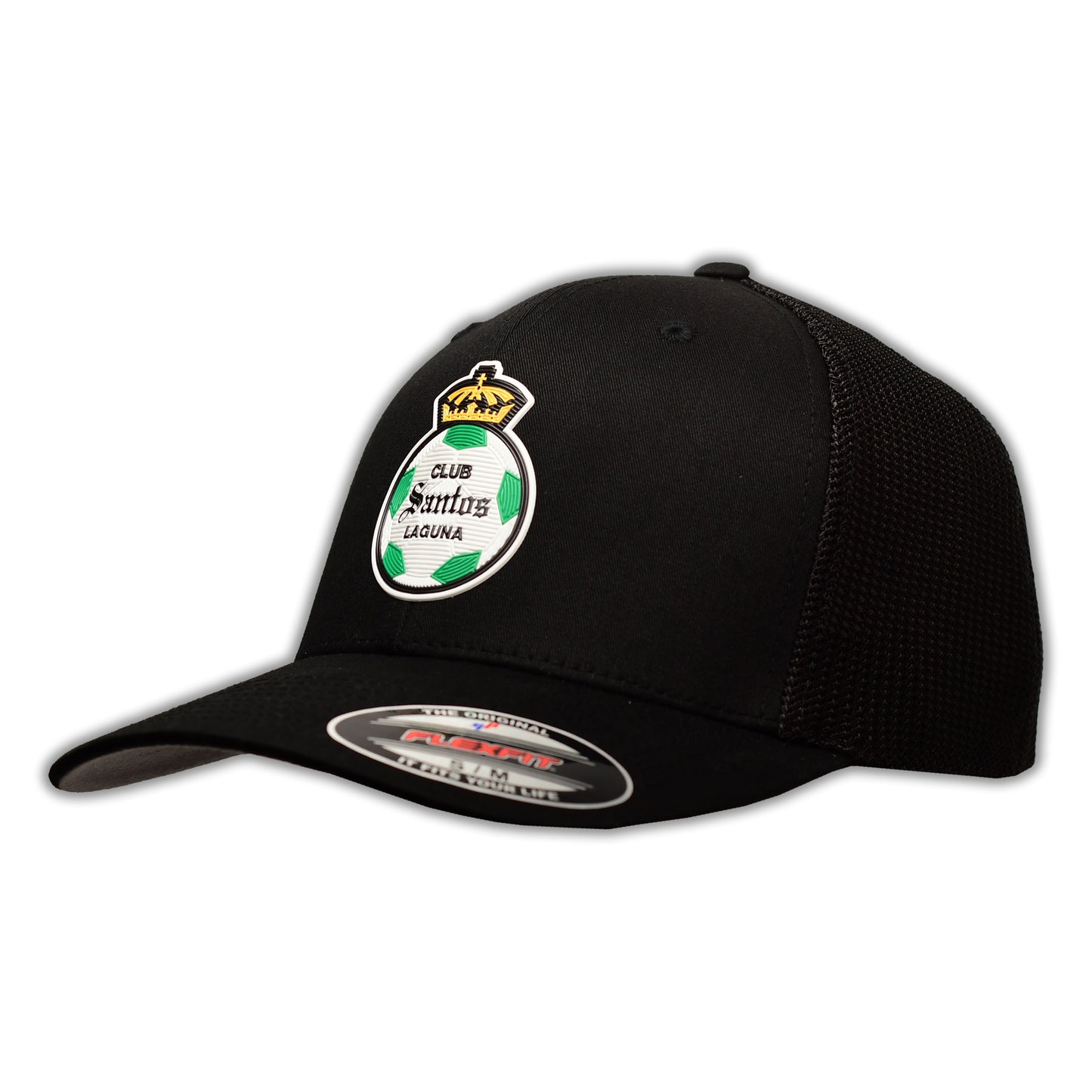 GORRA NEGRA FLEXFIT ESCUDO SANTOS Y S EN MALLA